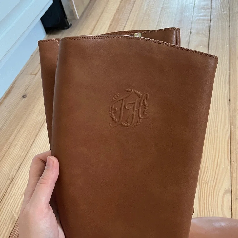 Tommy Hilfiger Women Tan Brown Faux Leather Tall Riding Equestrian Boots Logo 10